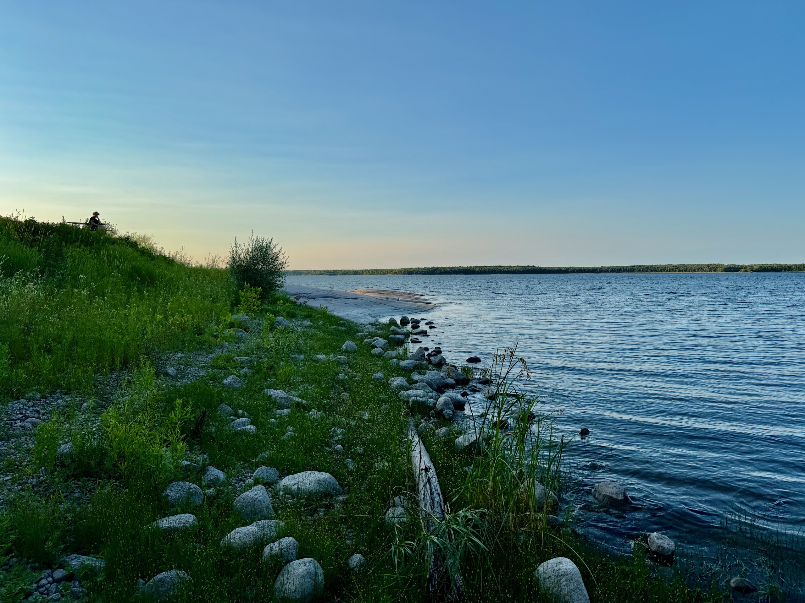 Person sitting on grassy shoreline overlooking calm blue lake with rocky beach and forested far shore under clear sky