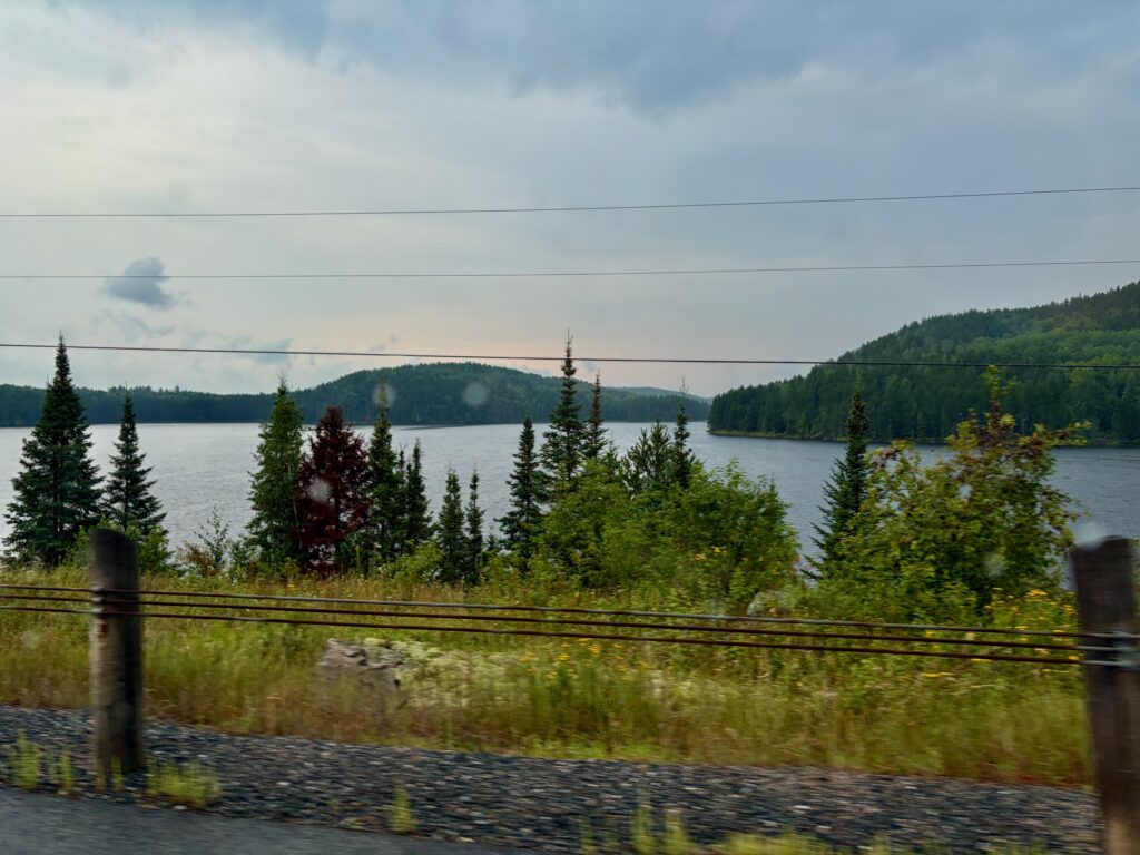 Lake surrounded by coniferous forest and hills, viewed through a rustic fence with power lines crossing the landscape