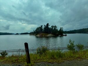 A forested island in a calm lake beneath overcast skies, viewed from a shoreline fence with buildings visible on the island's far side