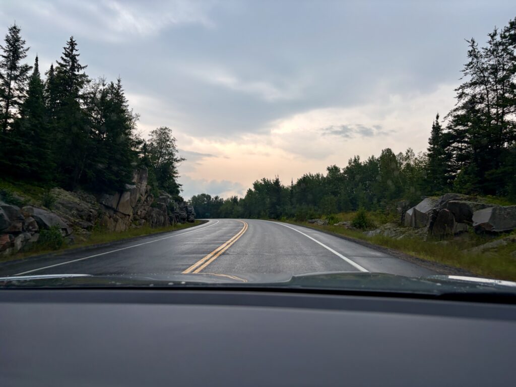 View from a car windscreen of a straight highway with yellow centre lines curving gently ahead, bordered by coniferous forest and rocky outcrops under an overcast sky