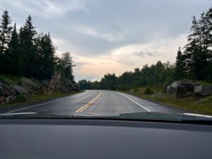 View from a car windscreen of a straight highway with yellow centre lines curving gently ahead, bordered by coniferous forest and rocky outcrops under an overcast sky