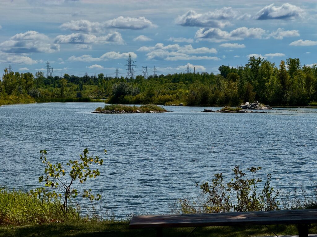 Lake landscape with small islands, deciduous forest, and electrical transmission towers under a partly cloudy sky