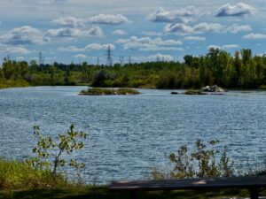 Lake landscape with small islands, deciduous forest, and electrical transmission towers under a partly cloudy sky