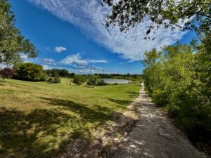Gravel path lined with green shrubs leading through a grassy park towards a calm lake, with tree-lined shores and blue sky with wispy clouds overhead