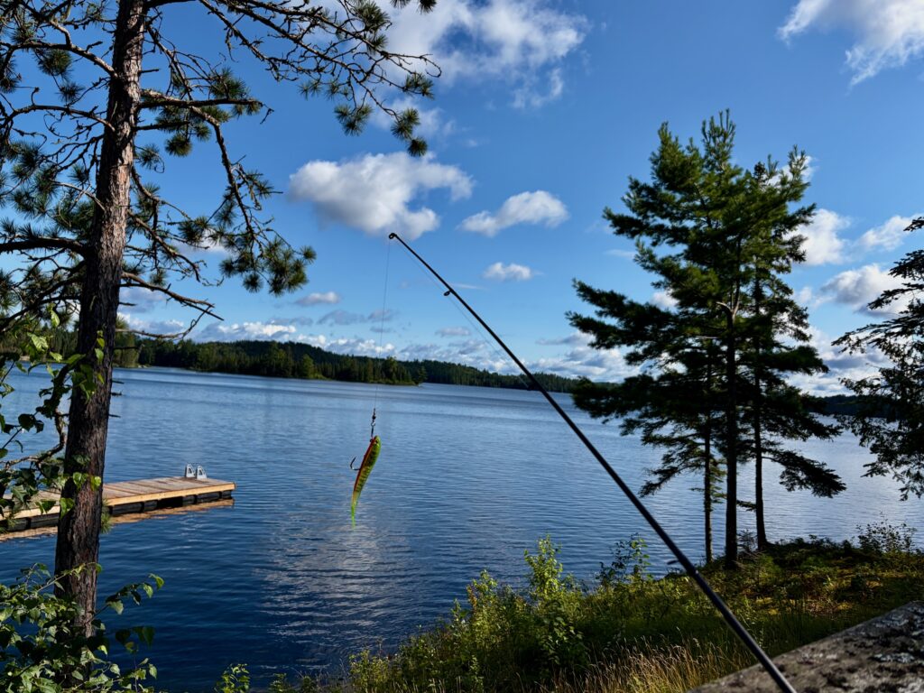 Fishing rod extending over a calm lake with a lure suspended in the water, wooden dock visible on the left shore, coniferous trees framing the scene under a blue sky with white clouds