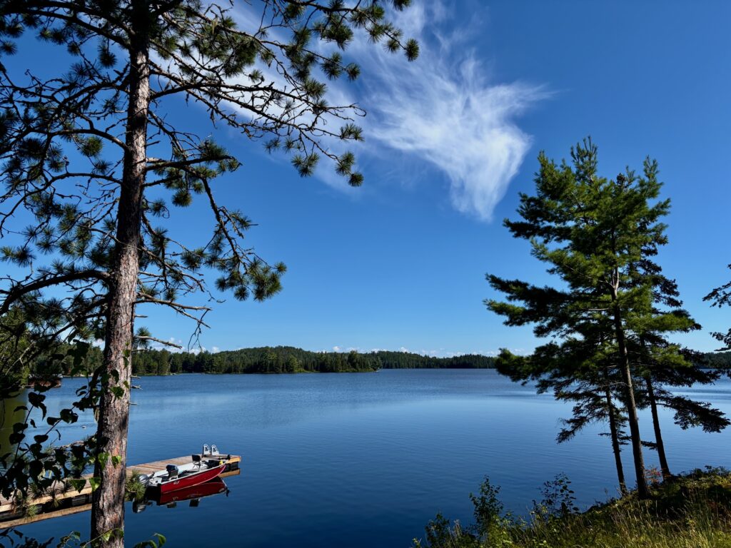 A red and black boat moored on a sandy beach beside a calm blue lake, framed by tall pine trees under a clear sky with wispy clouds