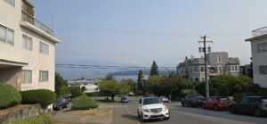 Residential street with view of a large body of water and distant city skyline across the water, lined with houses and parked vehicles on a clear day