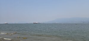 View from a beach across calm waters toward distant cargo ships and tankers anchored in a bay, with mountains and a hazy cityscape visible on the horizon