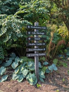 Wooden directional sign post in a garden showing arrows pointing to Rhododendron Walk, Cdn Heritage, MAZE, Heather Garden, Sino-Himalayan, and Learning Garden, surrounded by lush green foliage and hostas