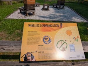 An interpretive sign titled "Wireless Communication" explaining how honey bees use dance and scent to communicate the location of food sources, featuring illustrations of a bee, round dance pattern, waggle dance pattern, and a beehive, with text describing smart phones for bees and bee navigation methods
