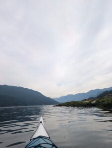 View from the bow of a kayak on calm water surrounded by forested mountains under overcast skies