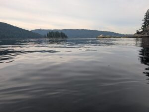 Calm alpine lake surrounded by forested mountains and rocky shoreline under overcast sky