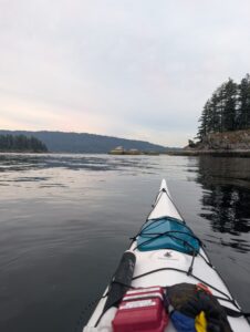 View from the bow of a kayak on calm water, with forested shorelines, rocky islands, and mountains in the distance under an overcast sky