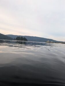 Calm lake with coniferous forest-covered mountains and rocky shoreline under overcast sky